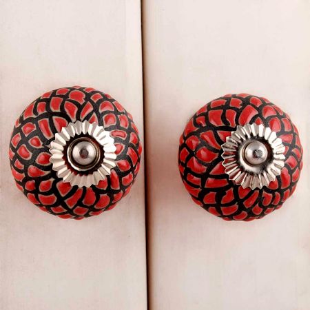 Red Black Etched Floral Knob